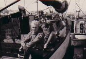 Karl-Heinz Herzberg, myself and a friend aboard a trawler in L&uuml;deritz Harbour